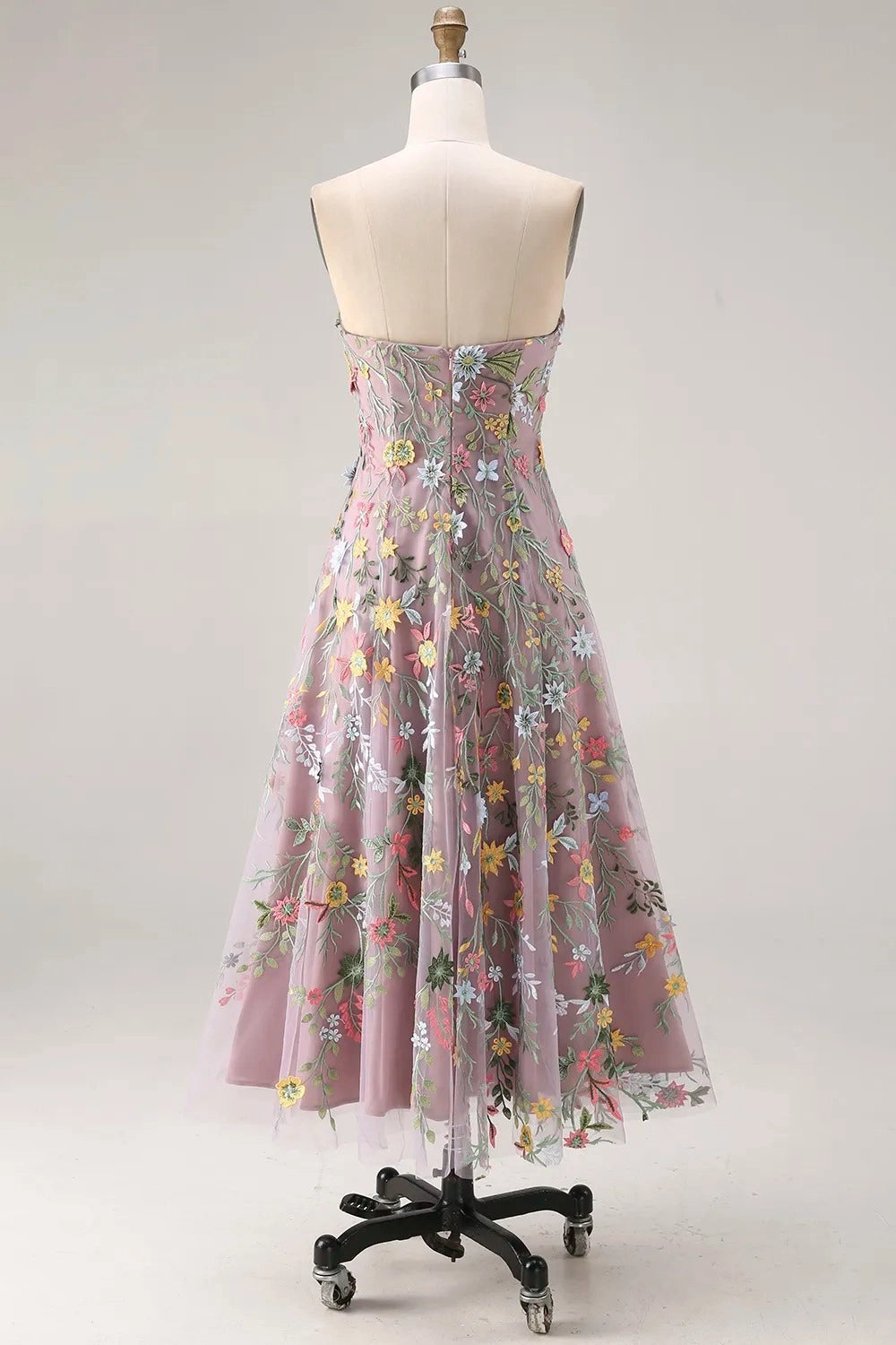 Romantic Floral Embroidered A-Line Sweetheart Strapless Backless Midi Wedding Guest Dress