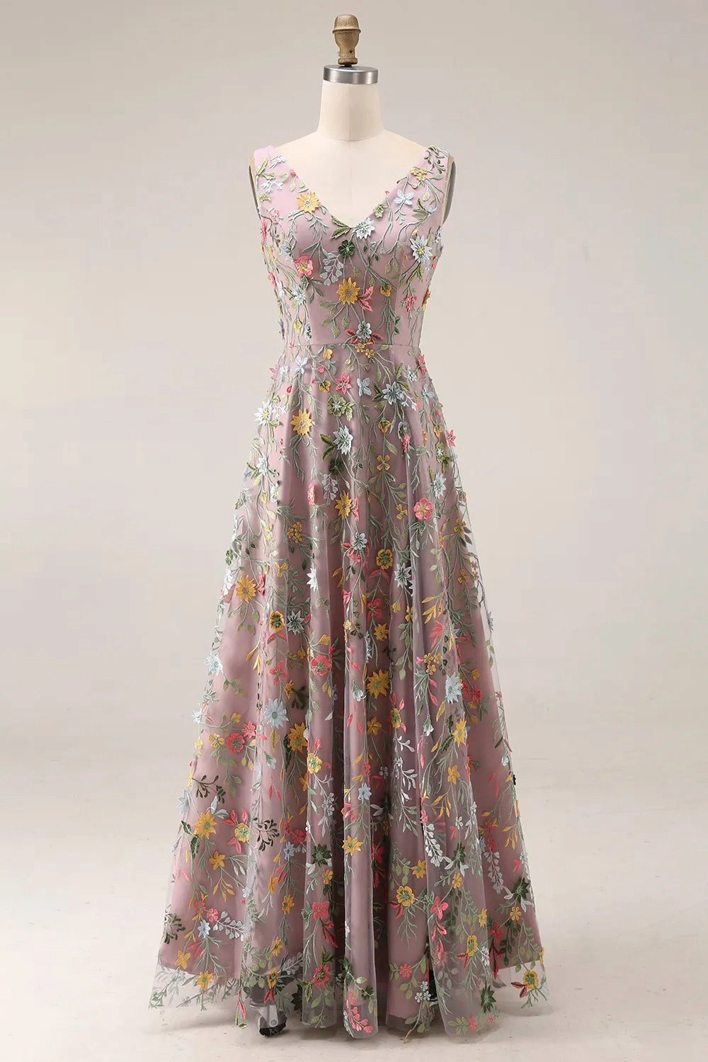 Elegant A Line V Neck Sleeveless Floral Embroidered Slit Floor Length Wedding Guest Dress