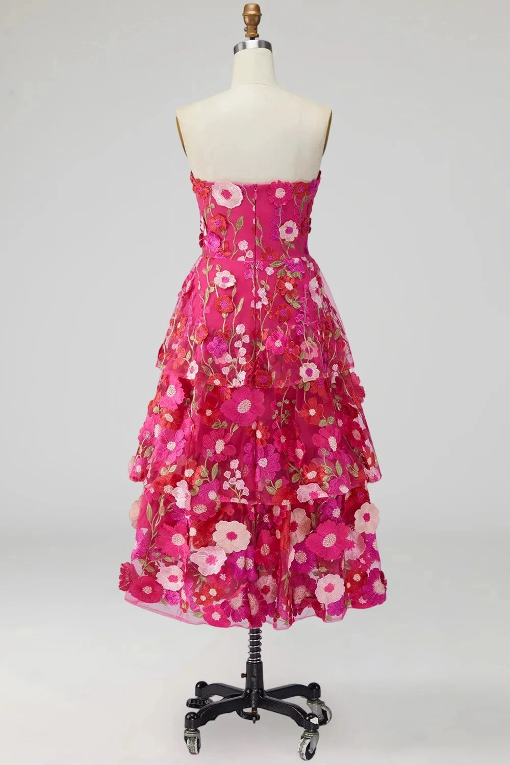 Romantic A Line Strapless 3D Floral Tiered Maxi Wedding Guest Dress