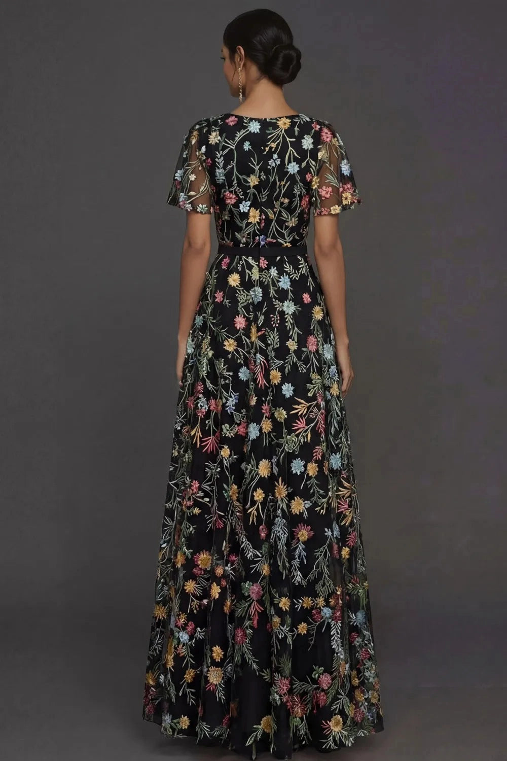 Romantic Floral Embroidered A-Line V-Neck Flutter Sleeve Long Wedding Guest Dress