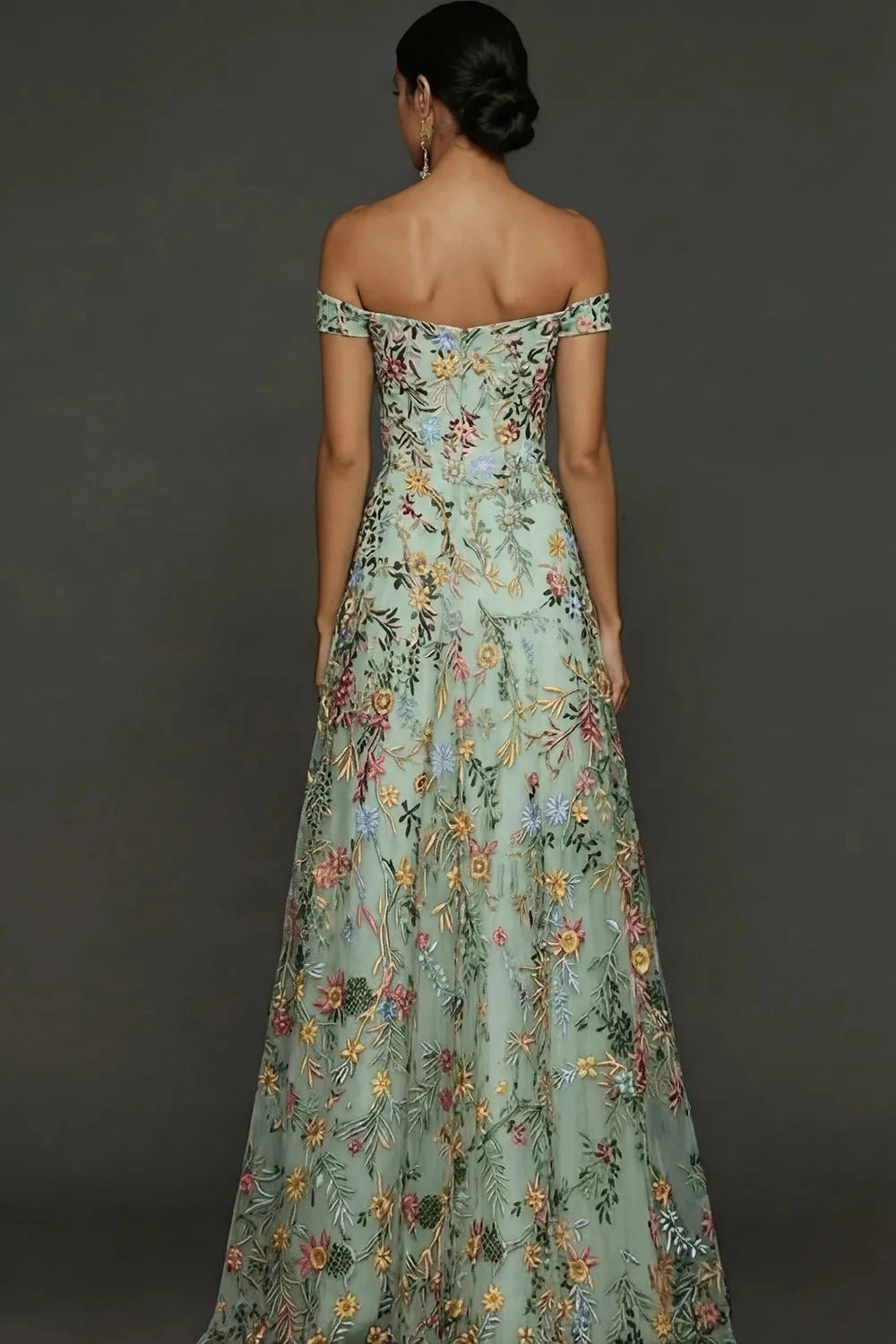Romantic A Line Sweetheart Off Shoulder Floral Embroidered Floor Length Wedding Guest Dress