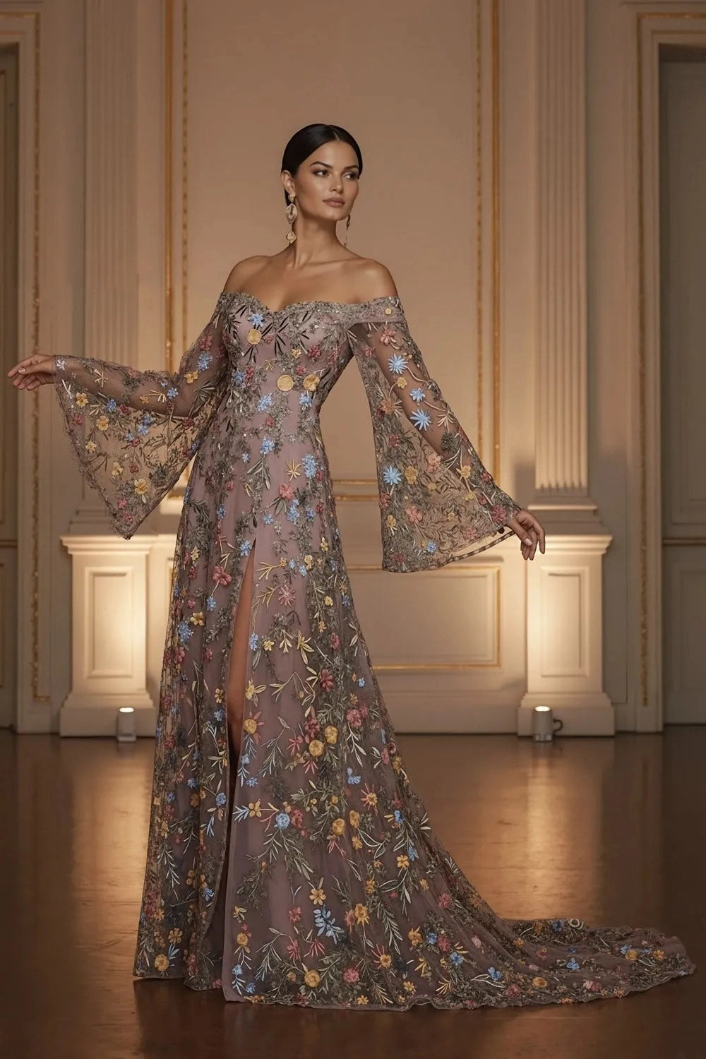 Romantic A Line Sweetheart Off Shoulder Floral Embroidered Bell Sleeve Wedding Guest Dress