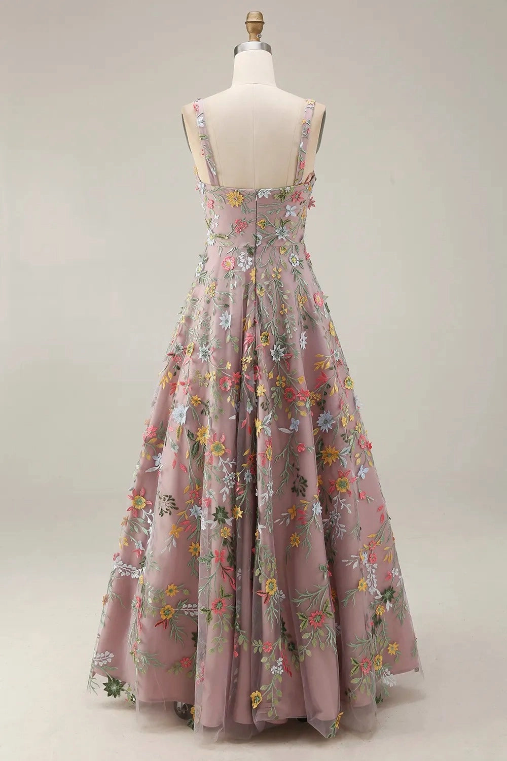 Romantic Floral Embroidered A-Line Square Neck Sleeveless Low Back Wedding Guest Dress