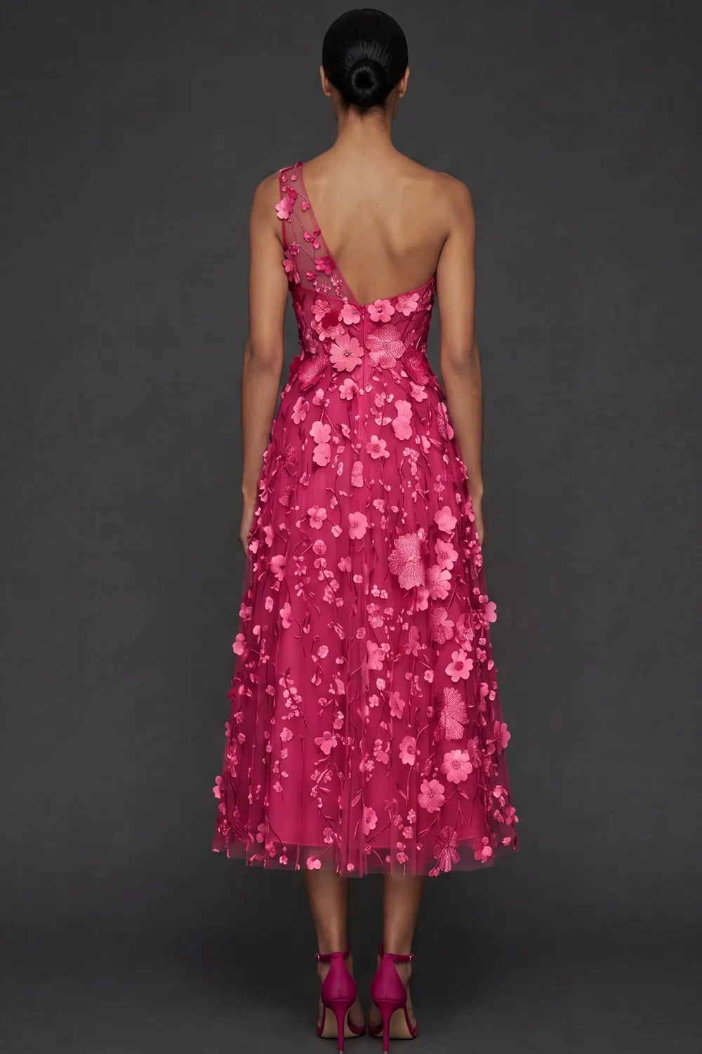Romantic A Line One Shoulder 3D Floral Sleeveless Midi Wedding Guest Dress