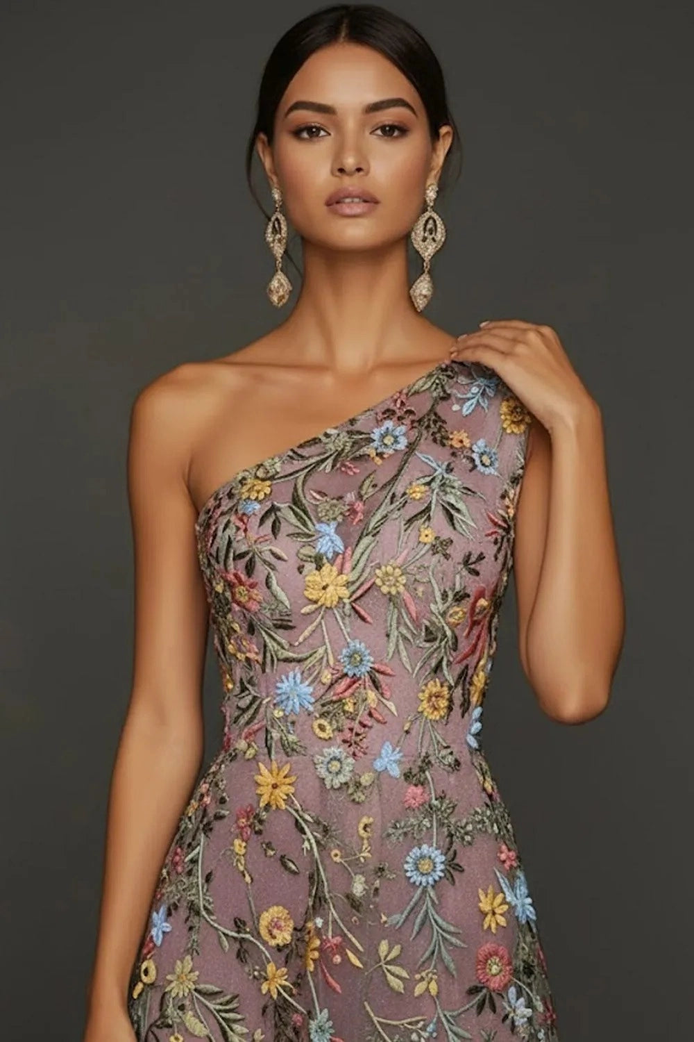 Romantic Floral Embroidered A-Line One Shoulder Sleeveless Backless Long Prom Dress