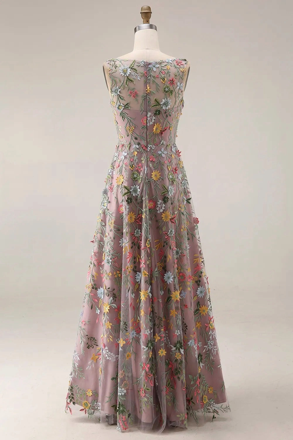 Elegant A Line V Neck Sleeveless Floral Embroidered Slit Floor Length Wedding Guest Dress