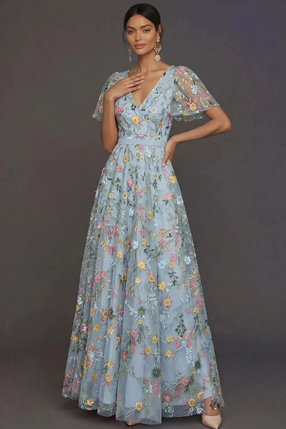 Romantic Floral Embroidered A-Line V-Neck Flutter Sleeve Long Wedding Guest Dress