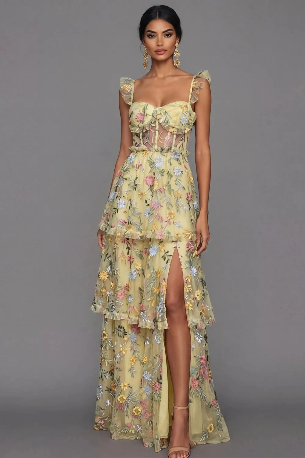 Romantic A Line Sweetheart Ruffle Strap Floral Embroidered Tiered Wedding Guest Dress
