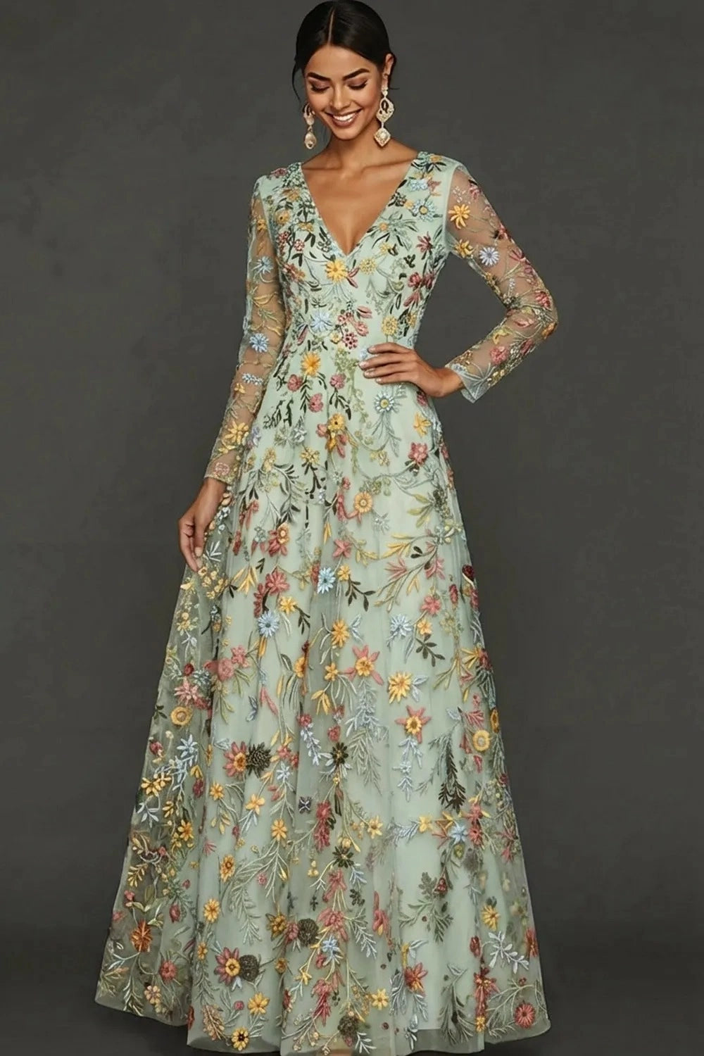 Elegant A Line V Neck Long Sleeve Floral Embroidered Floor Length Wedding Guest Dress