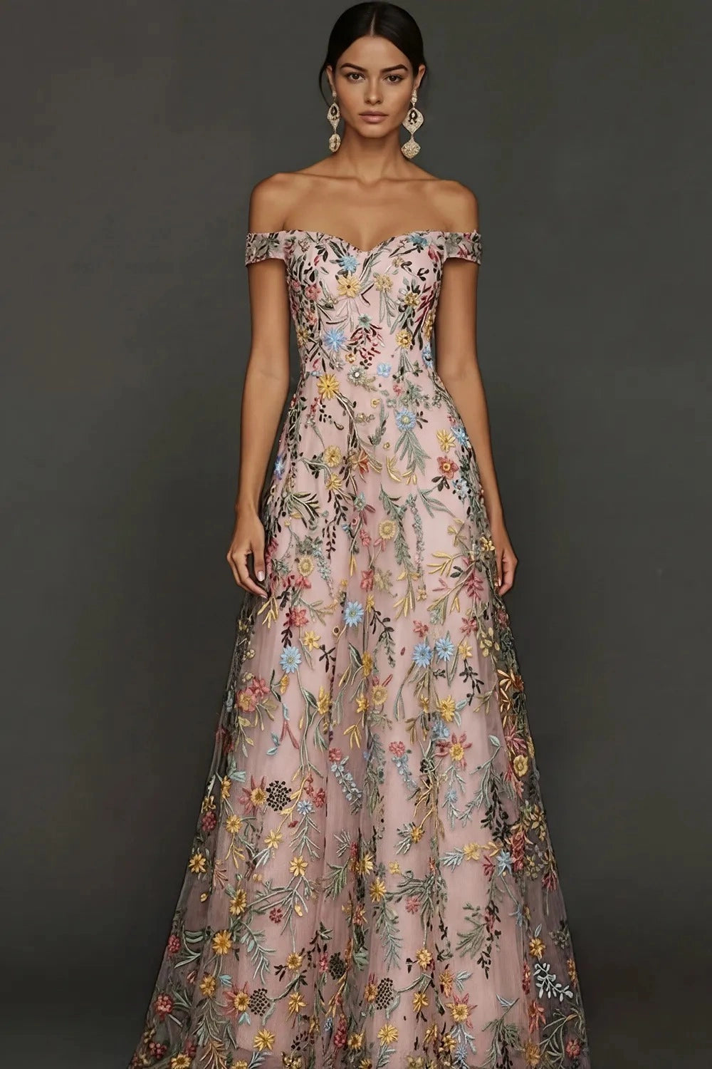 Romantic A Line Sweetheart Off Shoulder Floral Embroidered Floor Length Wedding Guest Dress
