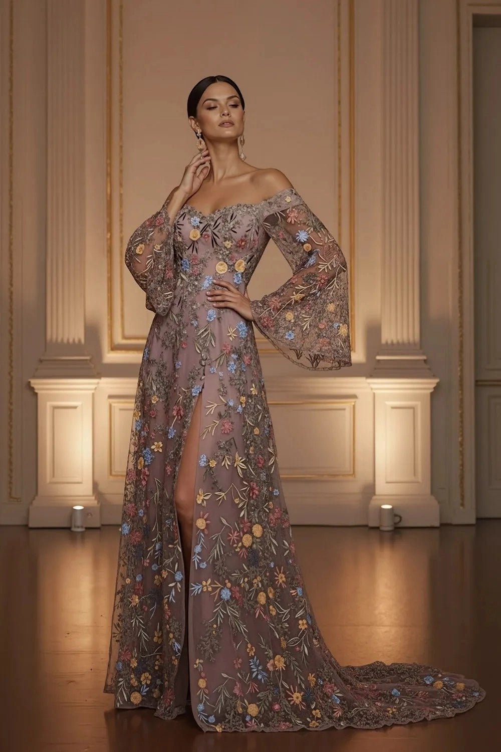 Romantic A Line Sweetheart Off Shoulder Floral Embroidered Bell Sleeve Wedding Guest Dress