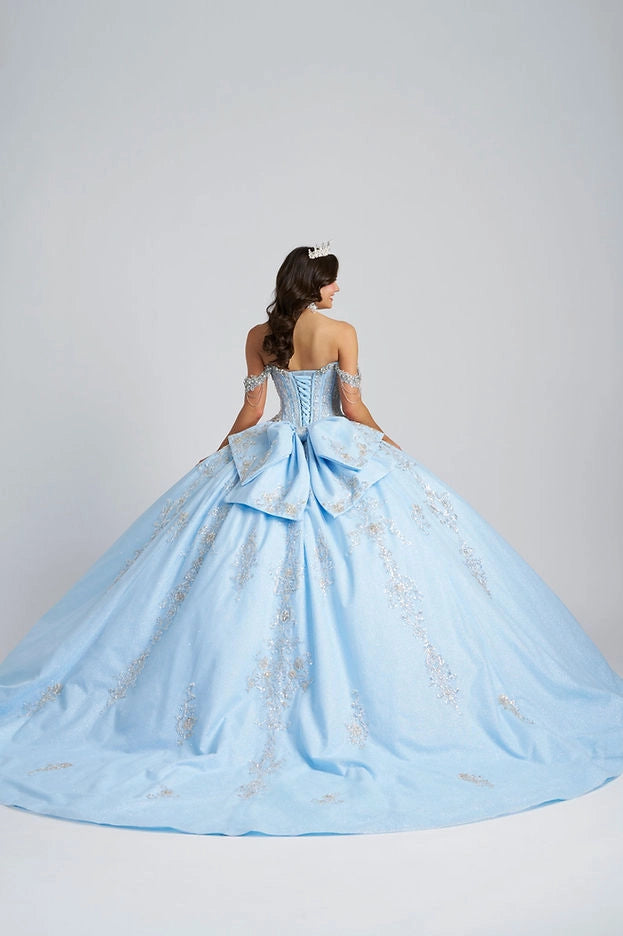 Back view Vedress light blue quinceanera gown corset lace-up back big bow long train glitter tulle gown