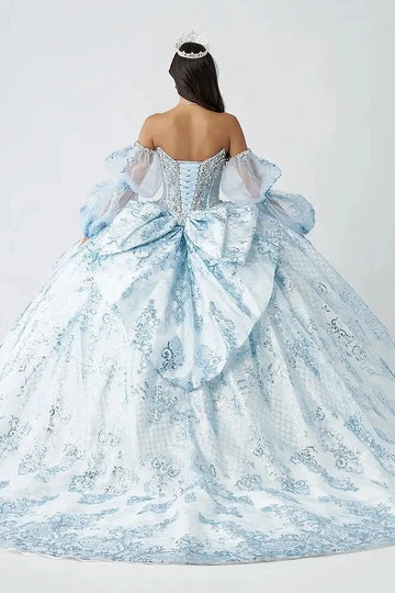 Vedress light blue white tulle quinceanera gown detachable off shoulder puff sleeves lace-up corset back oversized fabric bow full skirt with long train glitter lace appliques back view