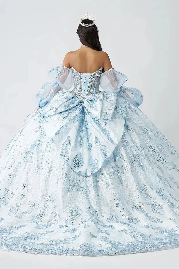 Vedress light blue white tulle quinceanera gown detachable off shoulder puff sleeves lace-up corset back oversized fabric bow full skirt with long train glitter lace appliques back view