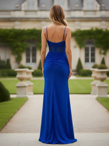 Royal Blue Satin Spaghetti Strap Formal Gown Beaded Sweetheart Corset Bodice Ruched High Slit Mermaid Maxi Dress with Train for Prom and Wedding Events