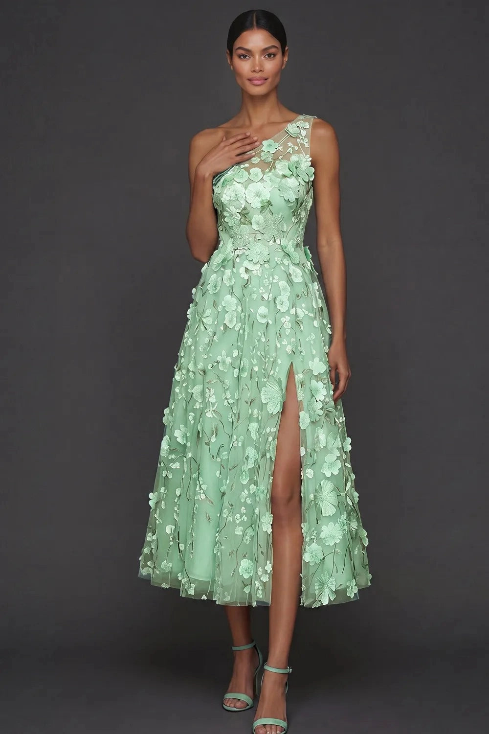 Romantic A Line One Shoulder 3D Floral Sleeveless Midi Wedding Guest Dress