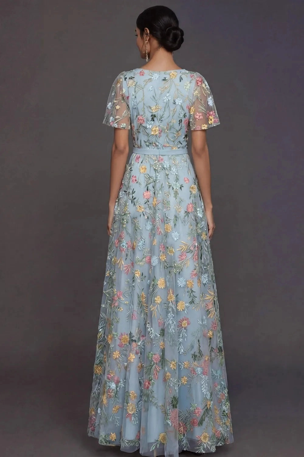 Romantic Floral Embroidered A-Line V-Neck Flutter Sleeve Long Wedding Guest Dress