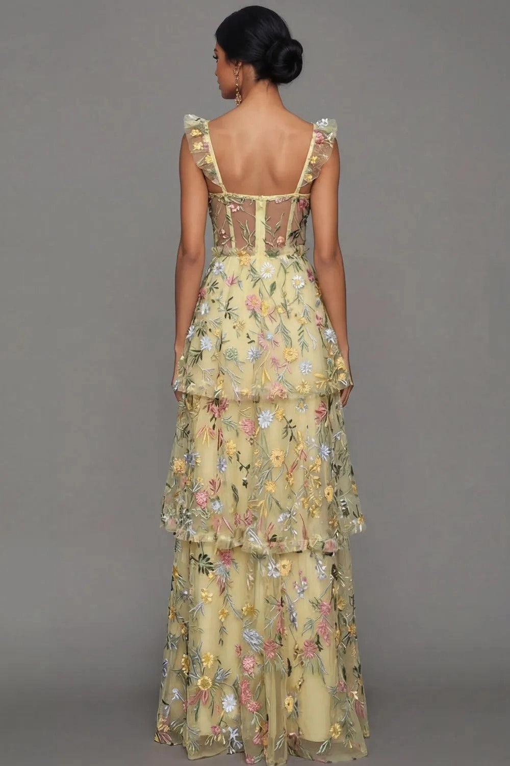 Romantic A Line Sweetheart Ruffle Strap Floral Embroidered Tiered Wedding Guest Dress