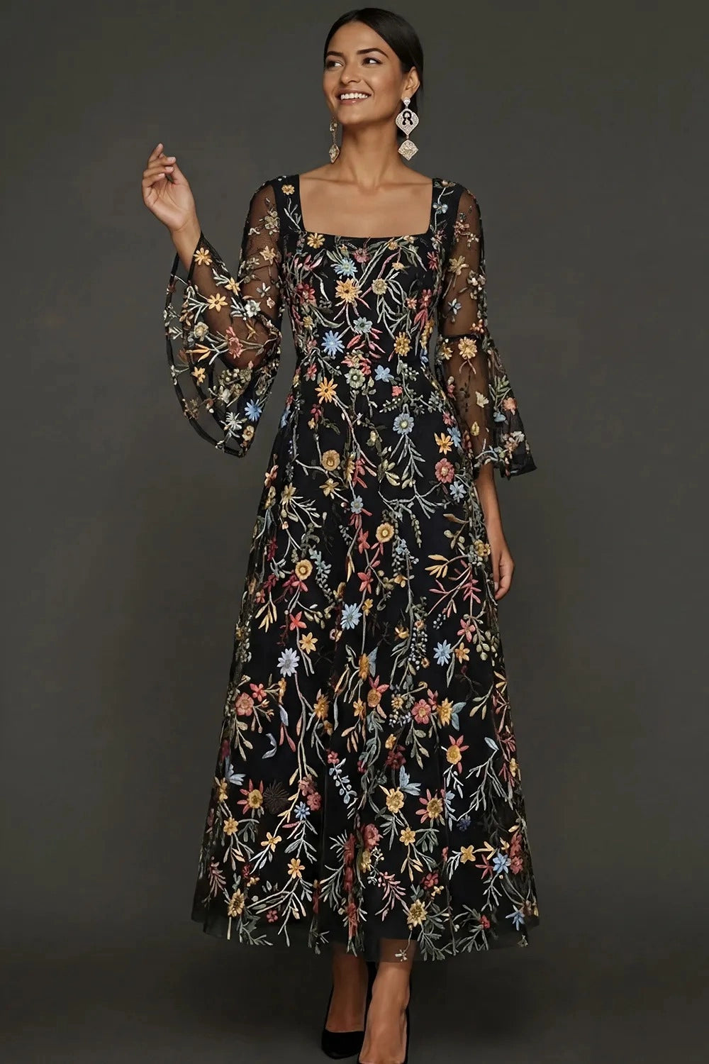 Elegant Floral Embroidered A-Line Square Neck Flutter Sleeve Ankle Length Wedding Guest Dress