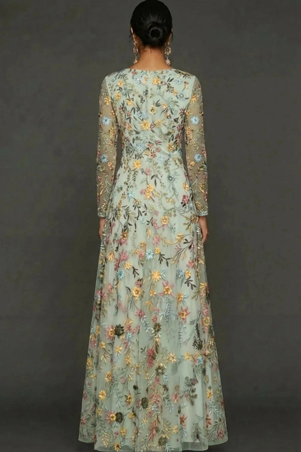 Elegant A Line V Neck Long Sleeve Floral Embroidered Floor Length Wedding Guest Dress