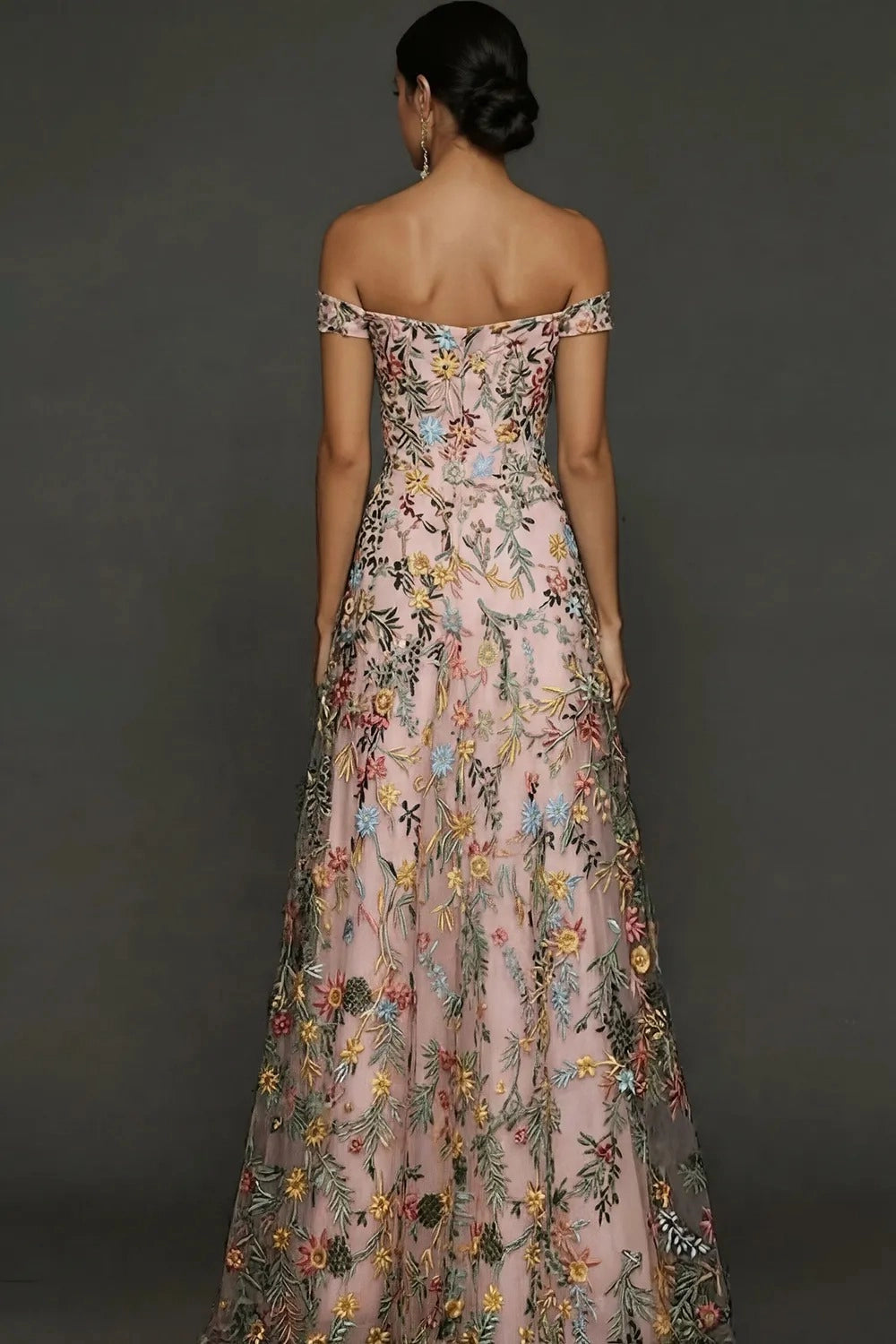 Romantic A Line Sweetheart Off Shoulder Floral Embroidered Floor Length Wedding Guest Dress