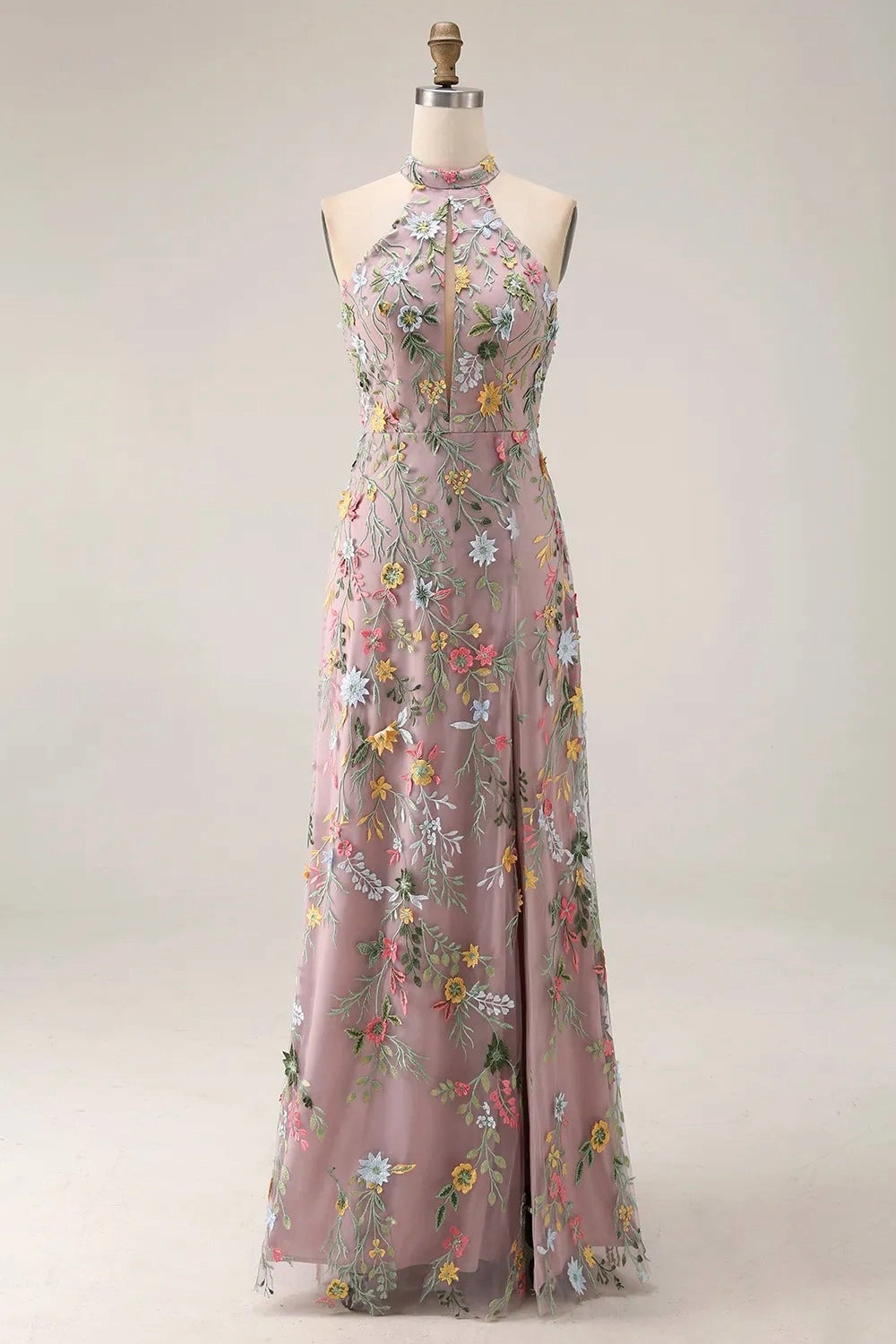 Romantic Floral Embroidered A-Line Halter Sleeveless Backless Long Wedding Guest Dress