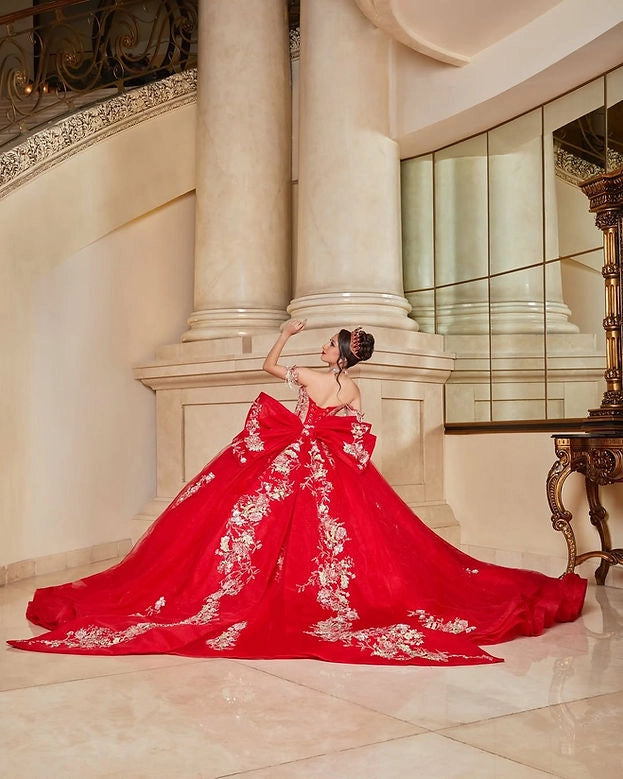 Ball Gown Off Shoulder Corset Back Floral Big Bow Quinceañera Dress