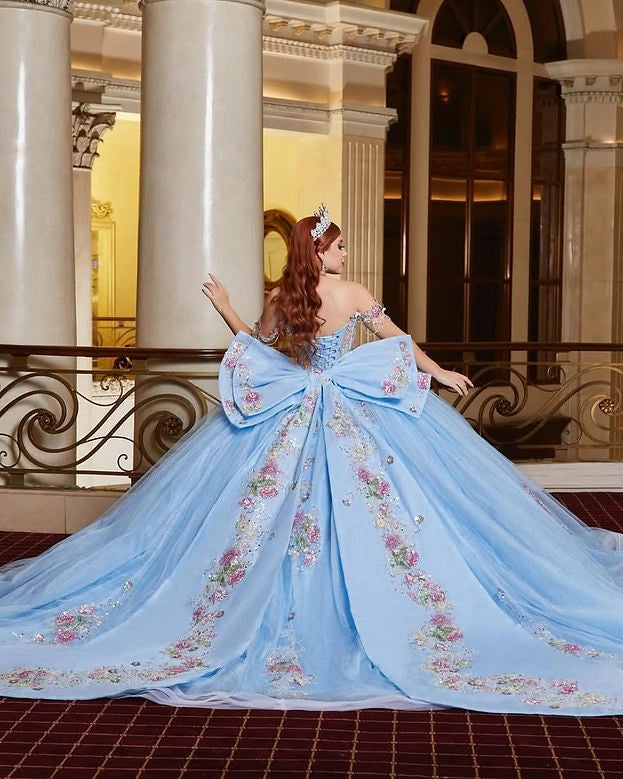 Ball Gown Off Shoulder Corset Back Floral Big Bow Quinceañera Dress