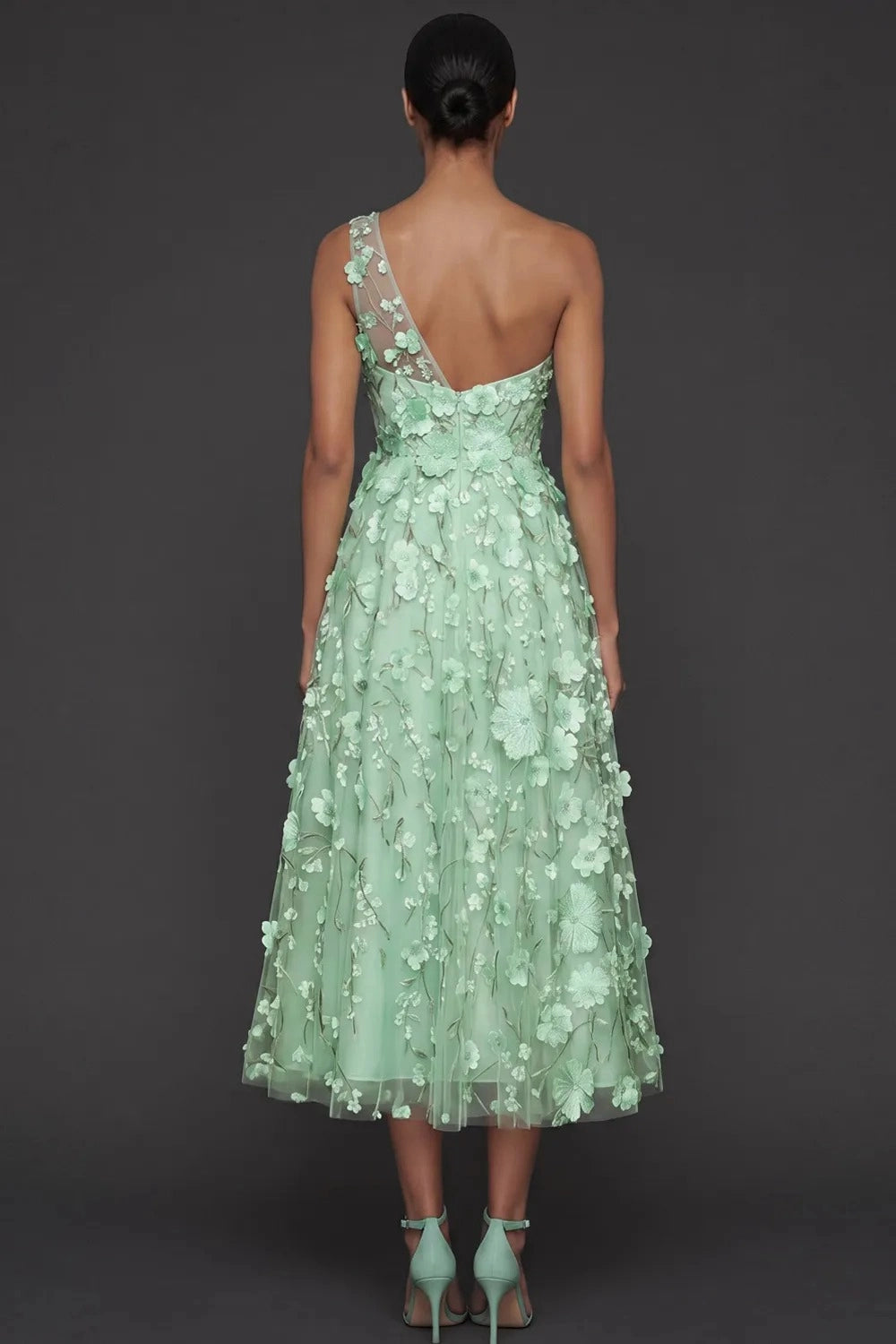 Romantic A Line One Shoulder 3D Floral Sleeveless Midi Wedding Guest Dress