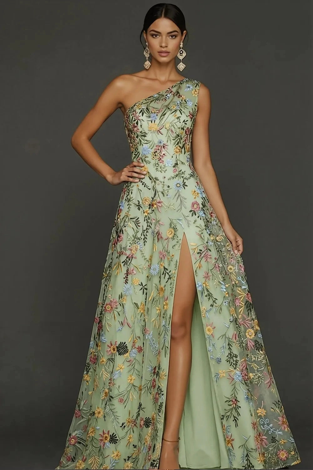 Romantic Floral Embroidered A-Line One Shoulder Sleeveless Backless Long Prom Dress
