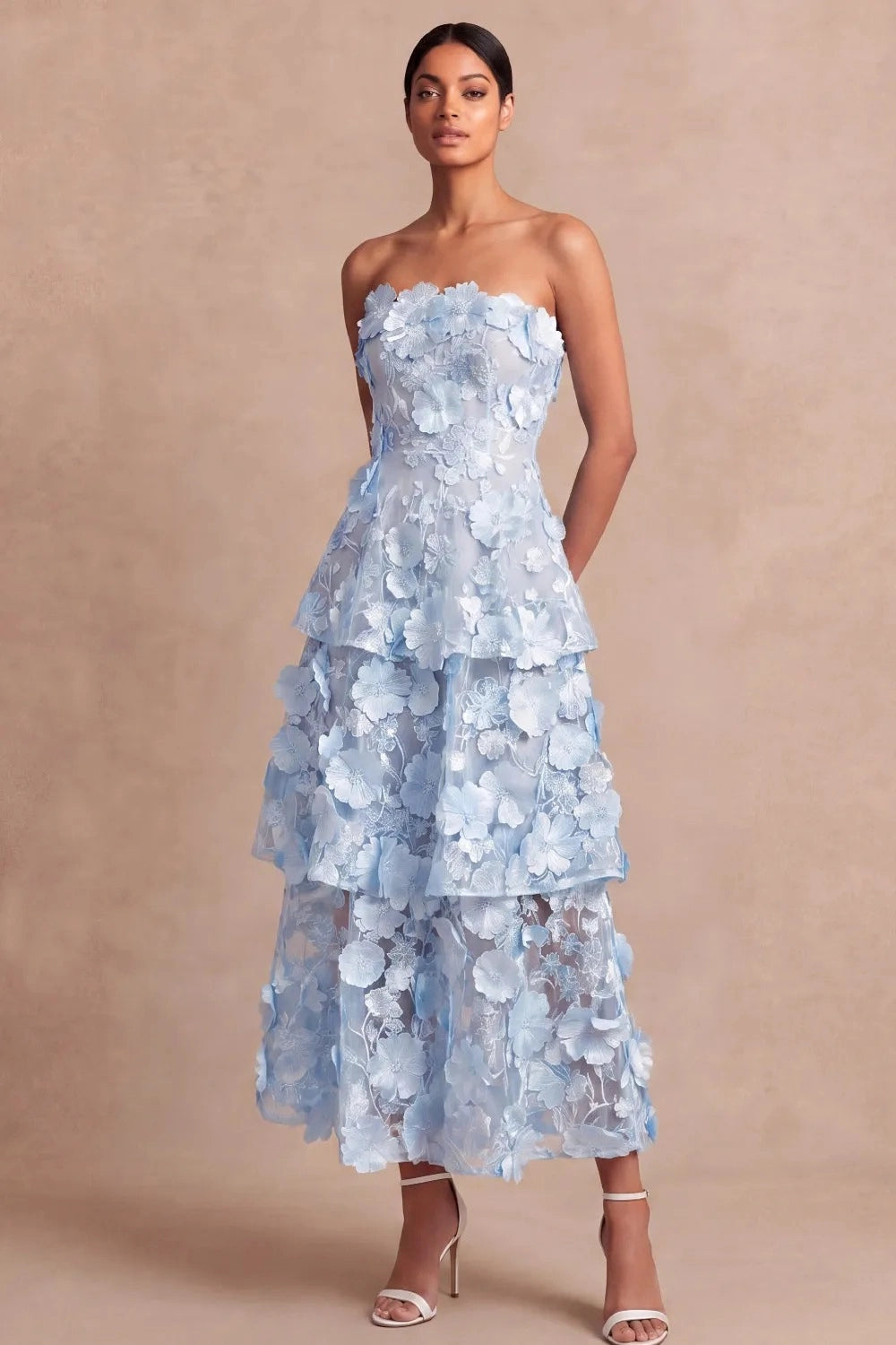 Romantic A Line Strapless 3D Floral Tiered Maxi Wedding Guest Dress