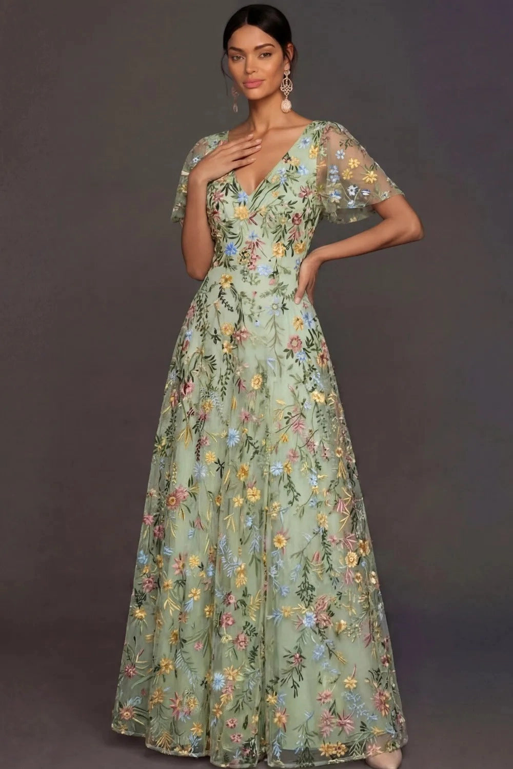 Romantic Floral Embroidered A-Line V-Neck Flutter Sleeve Long Wedding Guest Dress
