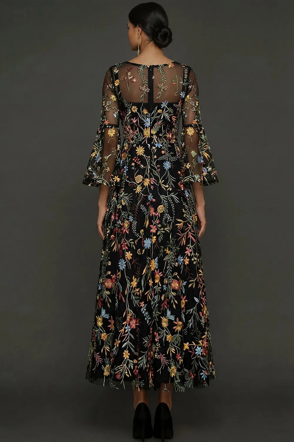 Elegant Floral Embroidered A-Line Square Neck Flutter Sleeve Ankle Length Wedding Guest Dress