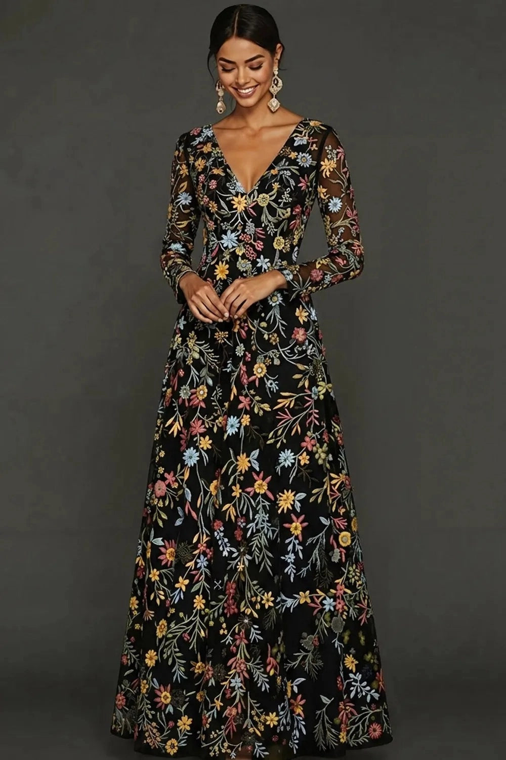 Elegant A Line V Neck Long Sleeve Floral Embroidered Floor Length Wedding Guest Dress