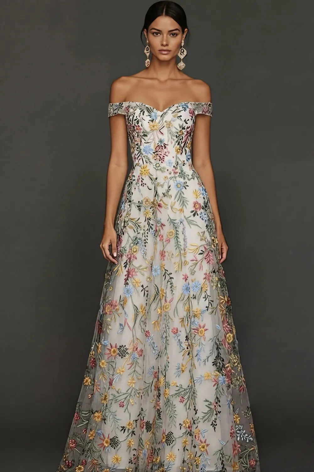 Romantic A Line Sweetheart Off Shoulder Floral Embroidered Floor Length Wedding Guest Dress