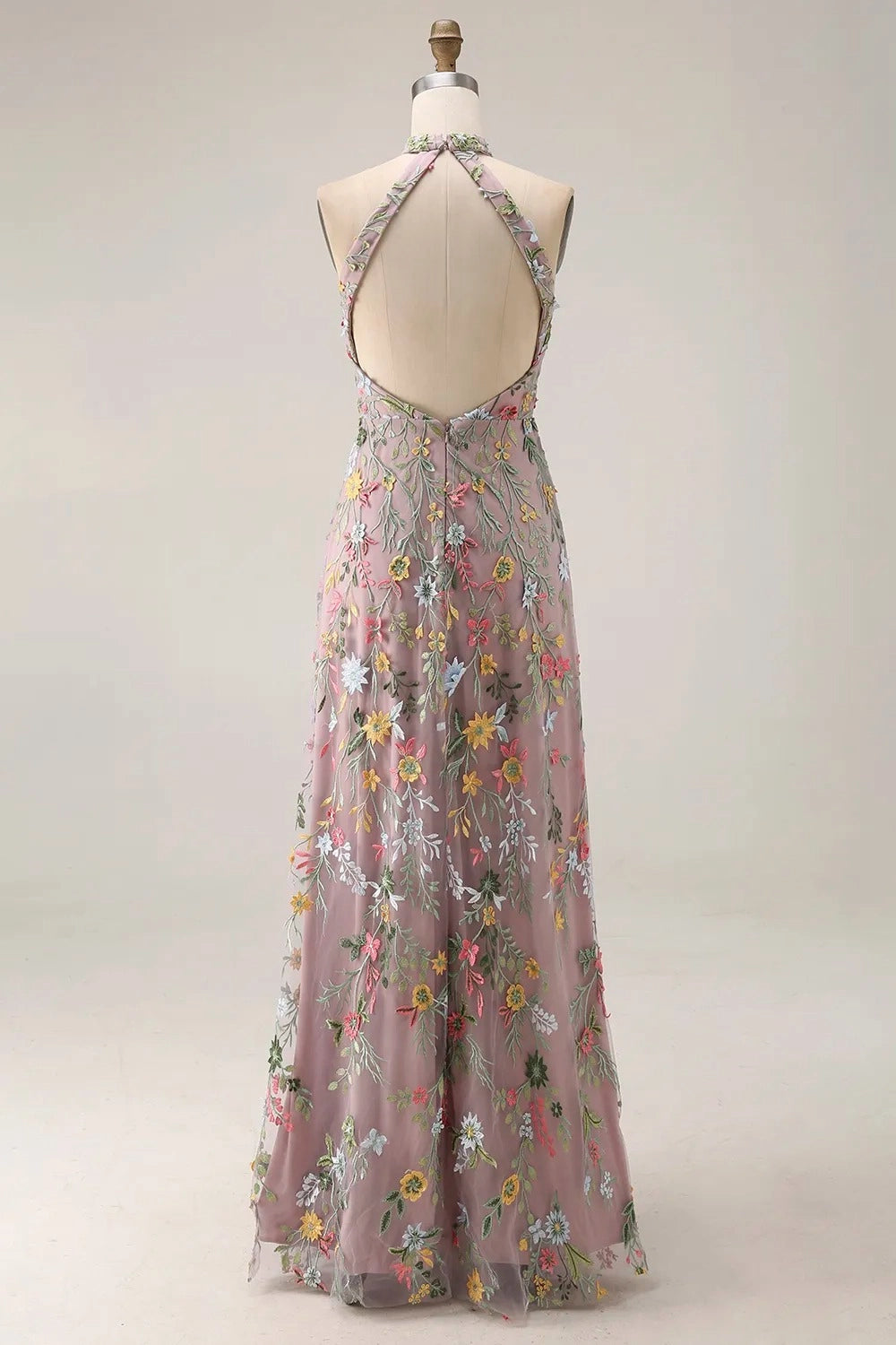 Romantic Floral Embroidered A-Line Halter Sleeveless Backless Long Wedding Guest Dress
