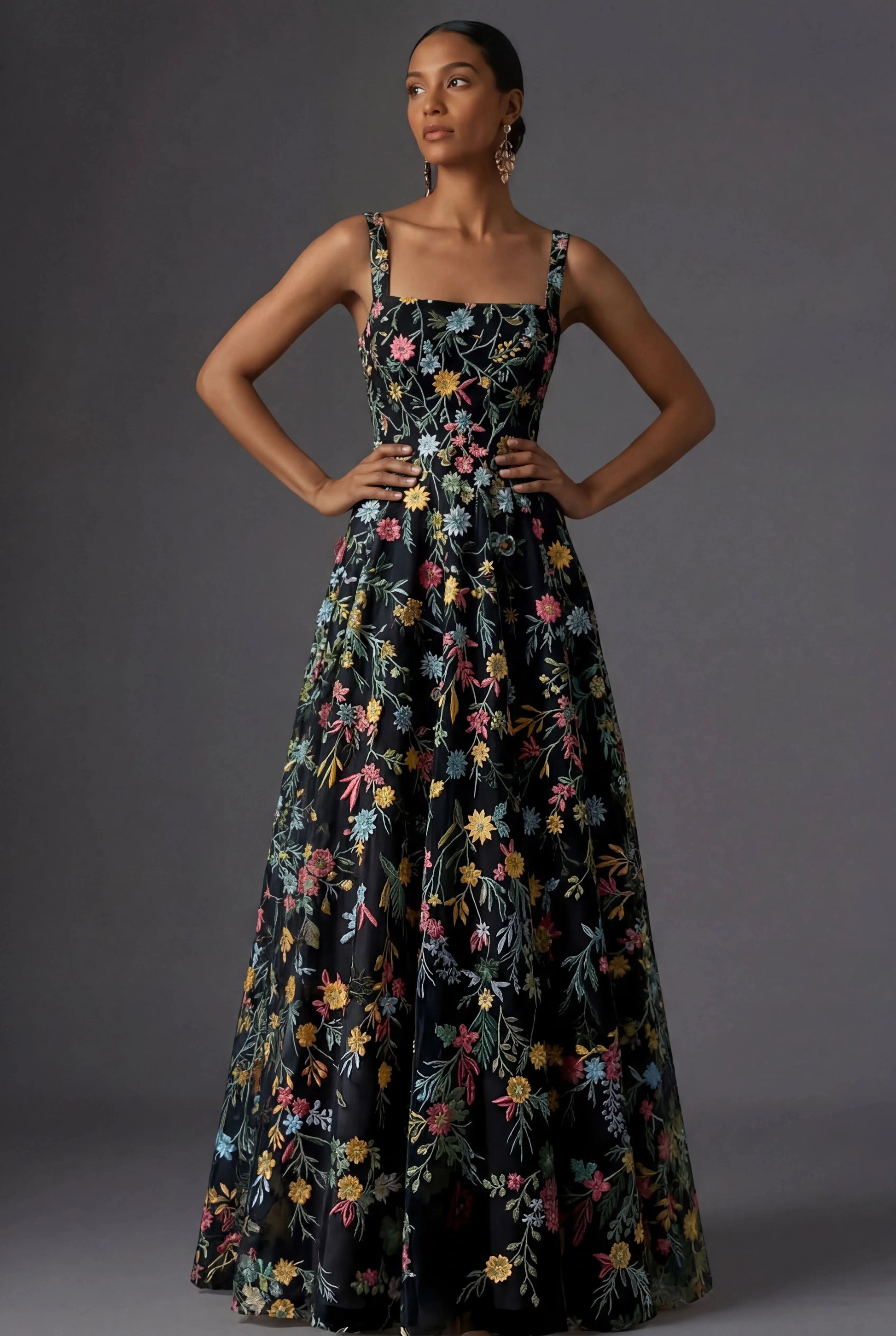 Romantic Floral Embroidered A-Line Square Neck Sleeveless Low Back Wedding Guest Dress