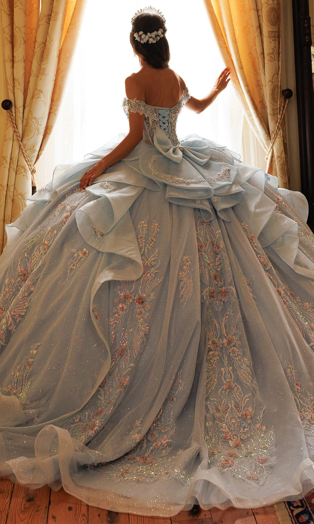 Ball Gown Off‑Shoulder Sweetheart Corset Back Big Bow Long Train Quinceanera Dress