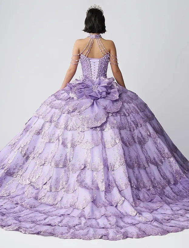 Vedress lavender quinceanera dress halter lace-up corset back large 3d floral waist detail glitter petal tulle ballgown back view