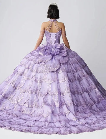 Vedress lavender quinceanera dress halter lace-up corset back large 3d floral waist detail glitter petal tulle ballgown back view