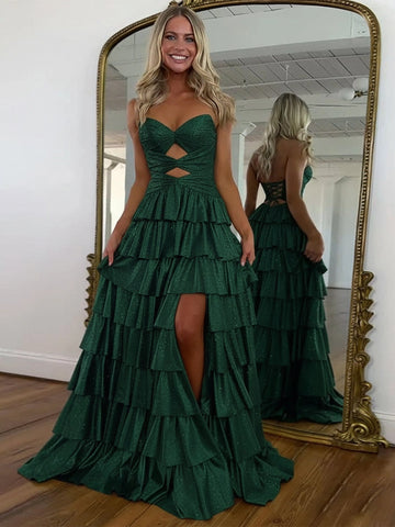 Playful A-Line Sweetheart Strapless Floor-Length Tiered Ruffle Cutout Prom Dress