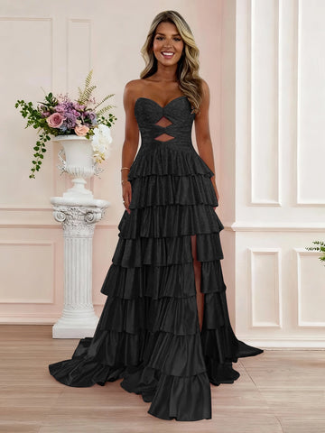 Playful A-Line Sweetheart Strapless Floor-Length Tiered Ruffle Cutout Prom Dress