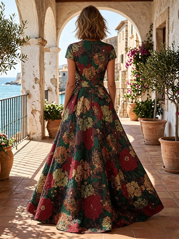 Vedress Burgundy floral jacquard short sleeve mother of bride dress zipper back view
