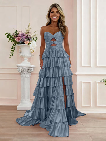 Playful A-Line Sweetheart Strapless Floor-Length Tiered Ruffle Cutout Prom Dress