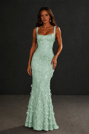 Shimmering Mermaid Square Neck Sleeveless Lace Up Back Floor Length Prom Dress