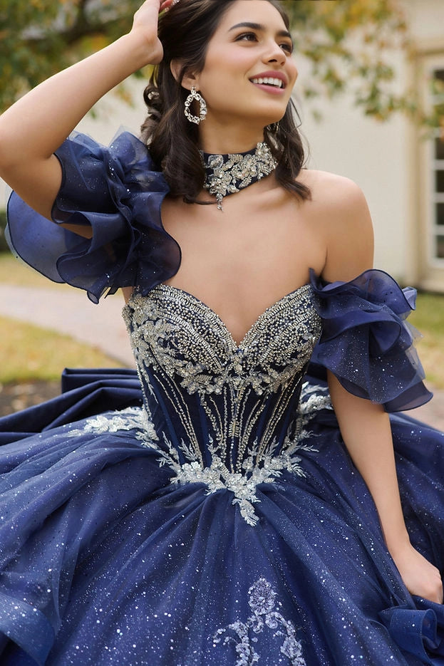 Ball Gown Off Shoulder Ruffle Bow Long Train Quinceañera Dress