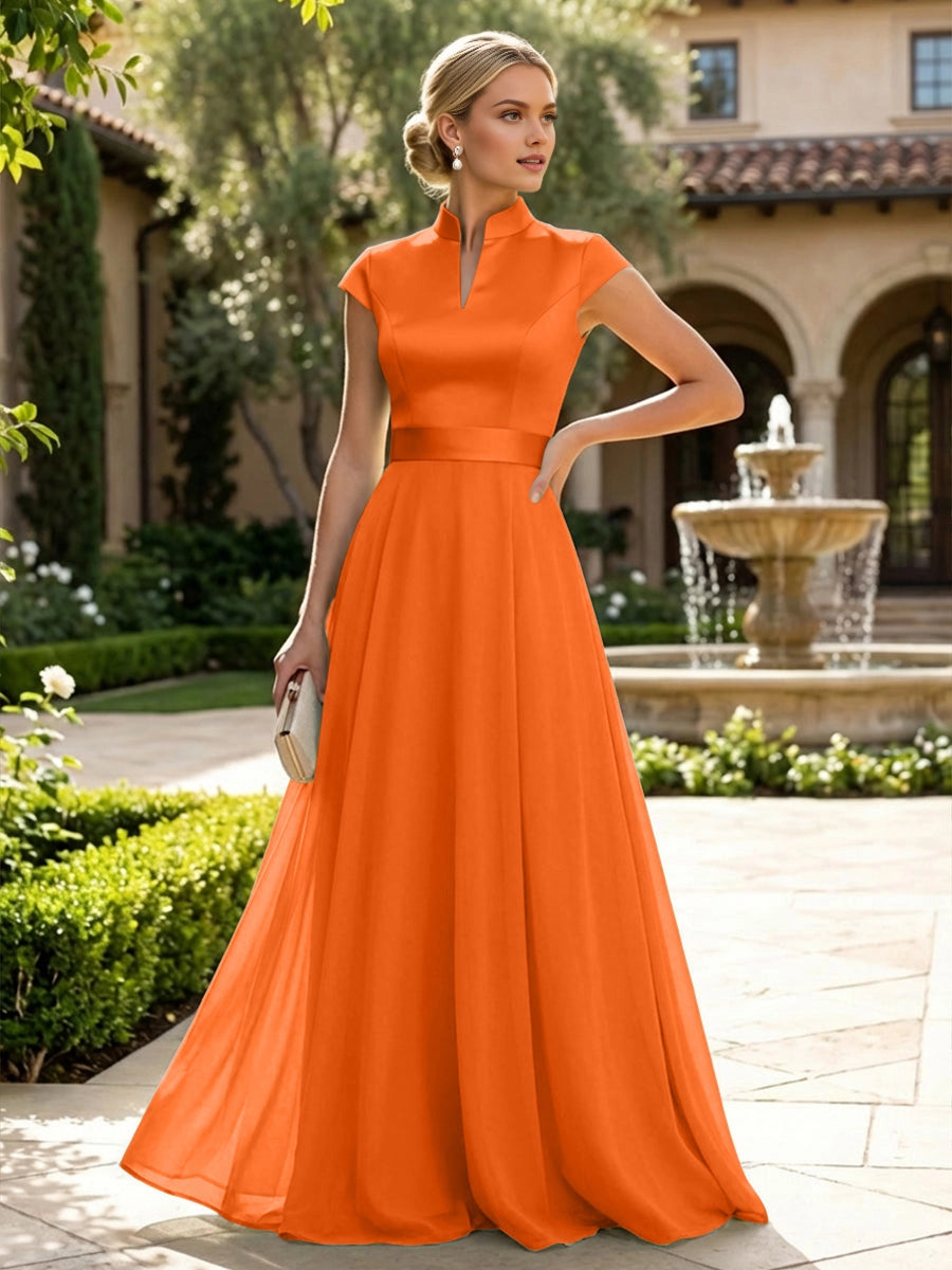 Elegant Sage A‑Line Stand‑Collar Cap‑Sleeve Zip‑Back Floor‑Length Mother Of The Bride Dress