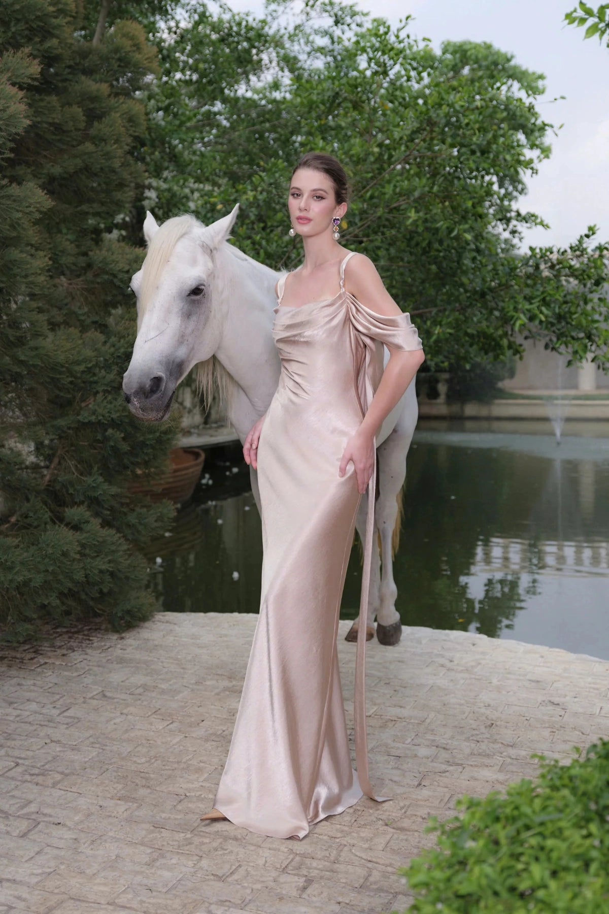 Gorgeous Mermaid Cowl Off‑Shoulder Draped‑Back Floor‑Length Wedding Dress