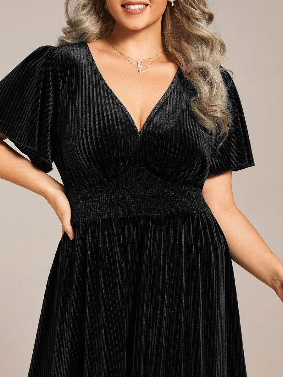 Rust‑Brown A‑Line V‑Neck Flutter‑Sleeve Plain‑Back Midi Mother Of The Bride Dress