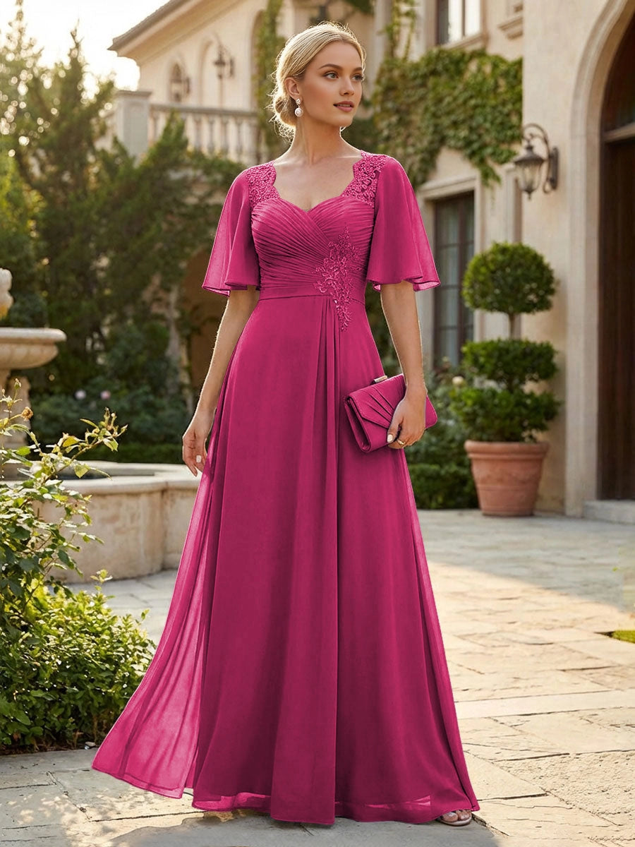 Graceful Dusty Blue A-Line Sweetheart Flutter-Sleeve Sweetheart-Back Floor-Length Mother Of The Bride Dress